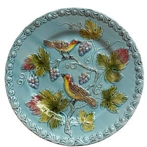 Vtg German Majolica Birds and Berries Turquoise Plate #230  9.5"